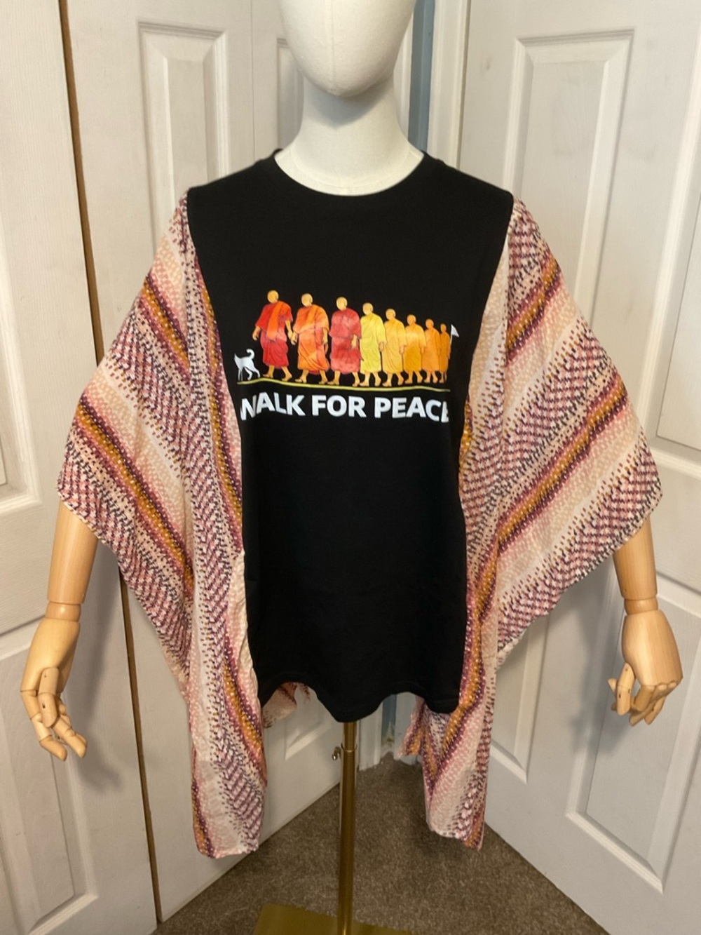 Buddhist Monks Walk for Peace Graphic T-Shirt with Flowy Printed Sleeves - OSFM